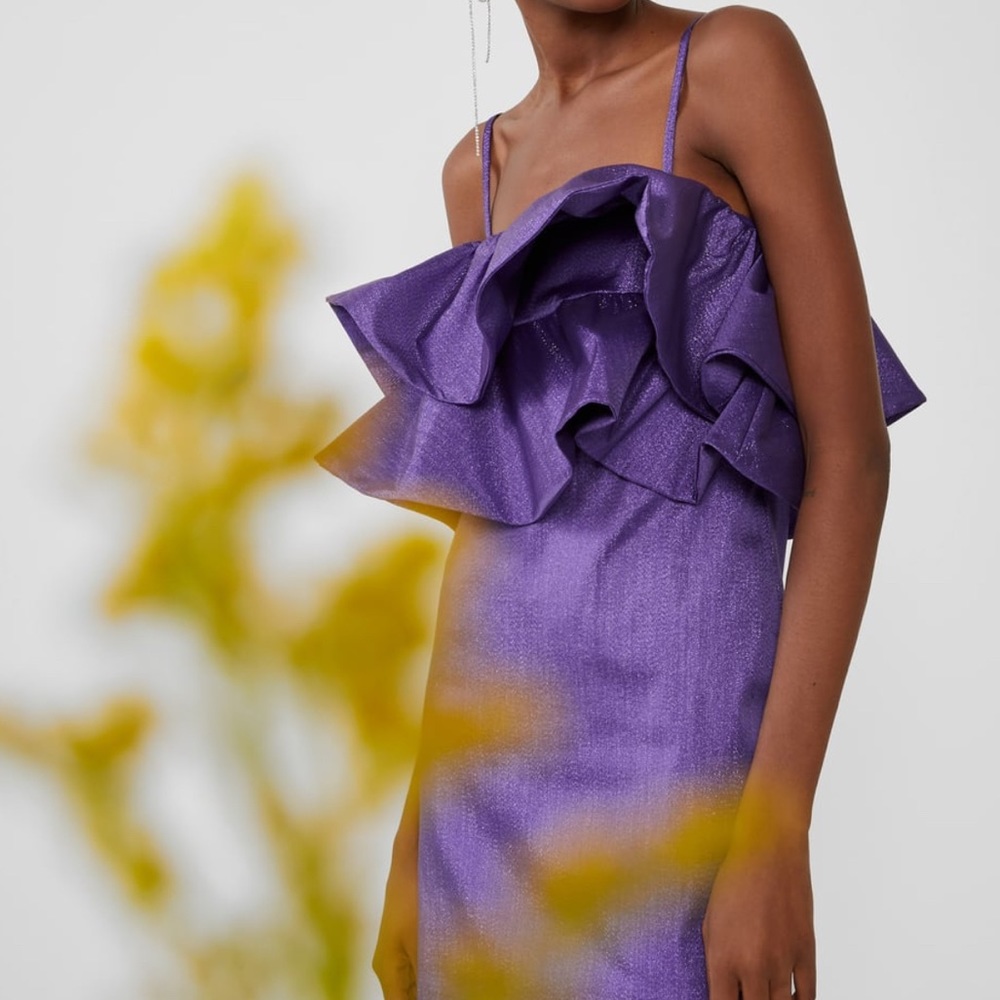 Zara Purple Ruffled Dress With Metallic Thread - Picture 6 of 8